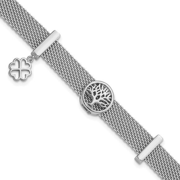 Kazi Luxury Silver Rh-plated Mesh Tree with Clover Dangle 6.75in Bracelet